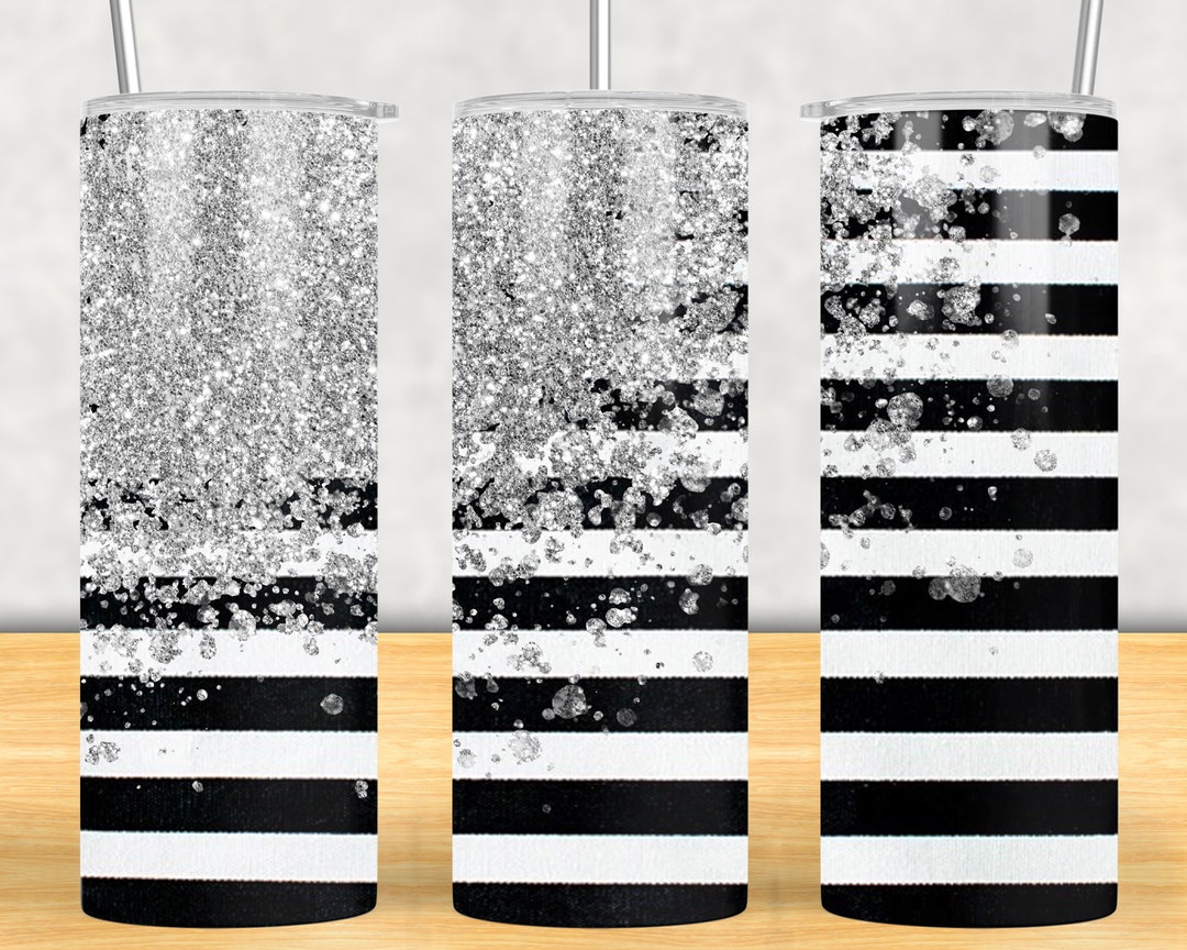 Black and White Striped Glitter Tumbler Png Black and White Etsy