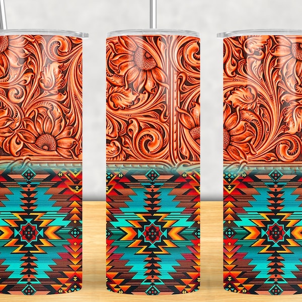 Tooled Leather Aztec Glitter 20oz Skinny Tumbler Design, Tooled Leather Tumbler Png, Western Aztec Tumbler Png, Western Png,Instant Download