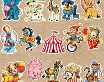 Paquete de pegatinas de circo vintage / Pegatinas vintage para diario creativo / Pegatinas de animales de circo / Regalos con temática de circo