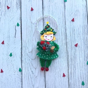 Chenille Pipe Cleaner Christmas Tree Girl Ornament | Retro Christmas Ornament | Nostalgic Christmas Gift | Kitschy Holiday Decor