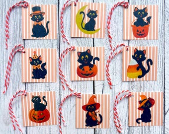 Retro Black Cat Halloween Gift Tags | Halloween Gift Wrapping | Halloween Party Supplies | Halloween Class Party | Black Cat Gift Tags