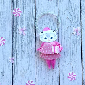 Christmas Santa Cat Ornament Tree Decoration Holiday Retro Pink Kitty
