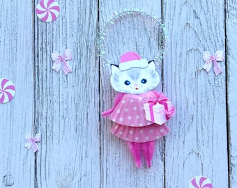 Weihnachten Santa Katze Ornament Baumdekoration Urlaub Retro Pink Kitty