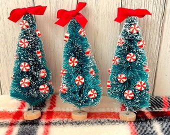 Peppermint Christmas Bottlebrush Tree Set | Christmas Dollhouse Accessories | Christmas Village Decor | Whimsical Christmas Decoration