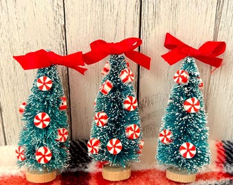 Peppermint Christmas Bottlebrush Tree Set | Christmas Dollhouse Accessories | Christmas Village Decor | Whimsical Christmas Decoration