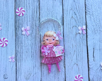 Vintage Christmas Ornament Girl Holiday Decoration Pink Chenille Nostalgic Retro Decor
