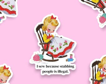 Pegatina divertida de chica cosiendo estilo vintage / Pegatina de meme divertida / Pegatina de costura divertida / Pegatina de chica cottagecore / Regalo divertido de costura / Humor sobre costura