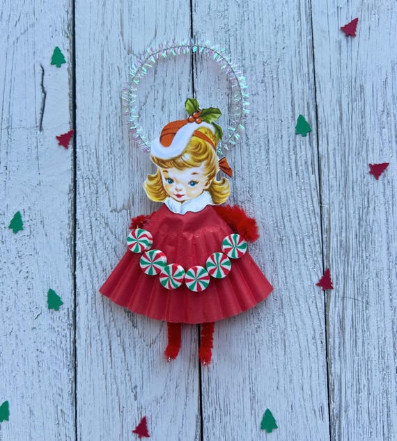 Vintage Christmas Ornament Retro Girl Decoration Nostalgic Holiday Handmade Tree Pipe Cleaner Craft