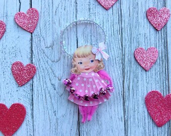 Pink Retro Valentines Girl Ornament with Bow Polka Dots and Hearts Kitsch Decoration
