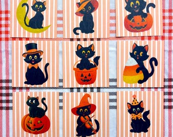 Retro Black Cat Orange Striped Halloween Cards | Halloween Card Making Supplies | Halloween Junk Journaling | Halloween Scrapbooking