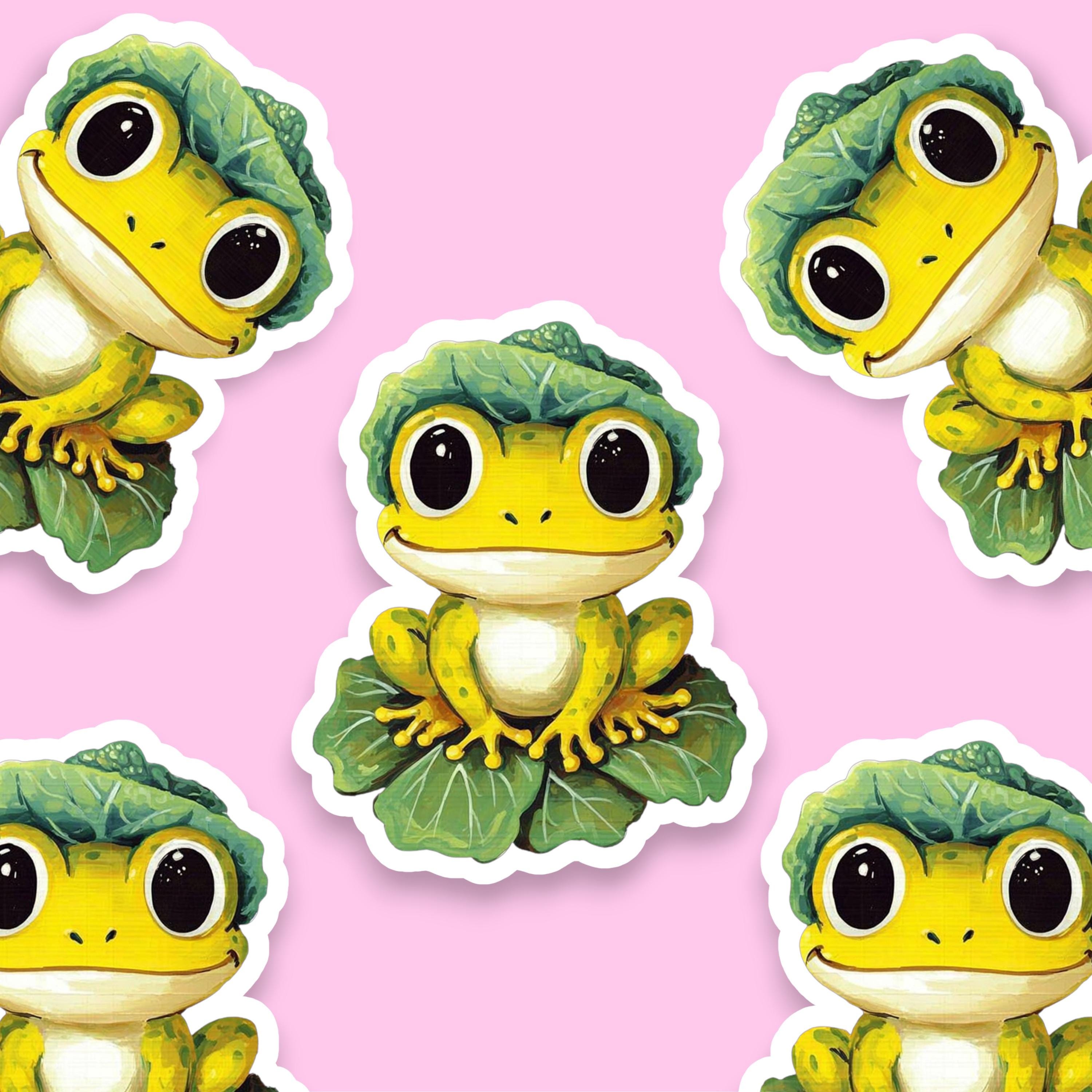 Frog With Cabbage Hat Sticker | Vinyl Frog Sticker | Frog Laptop ...