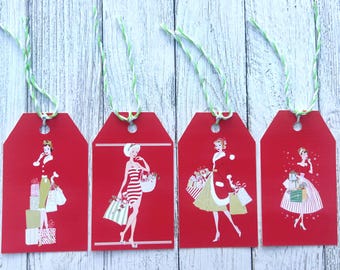 Etichette regalo di Natale vintage, set di 4 varietà, rosse festive, retrò, da donna