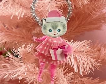 Chenille Vintage Midcentury 1950's Inspirado Retro Rosa Shabby Chic Santa Kitten Girl Rosa Presente Enfeite de Natal Limpador de Cachimbo de Natal