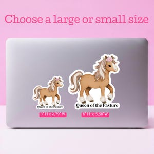 Horse laptop sticker featuring a whimsical pony with a flower crown and the phrase “Queen of the Pasture,” a funny horse sticker perfect for personalizing laptops for equestrian fans.