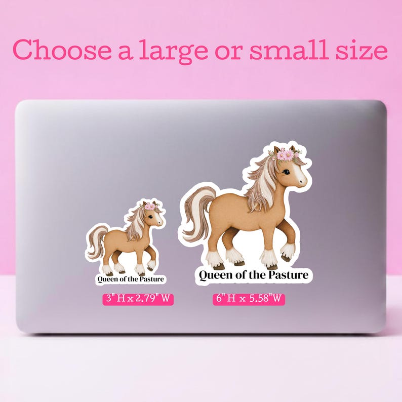 Horse laptop sticker featuring a whimsical pony with a flower crown and the phrase “Queen of the Pasture,” a funny horse sticker perfect for personalizing laptops for equestrian fans.