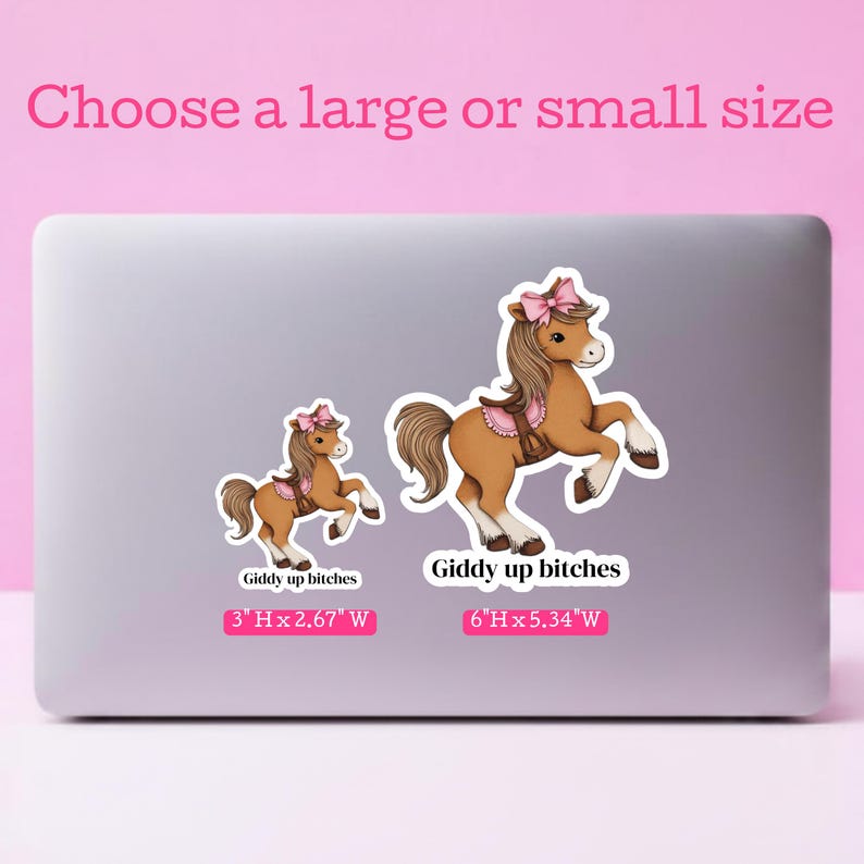 Funny horse sticker placed on a laptop, featuring a sweet pony illustration paired with the cheeky phrase “Giddy up bitches.” This horse lover gift adds personality to laptops, notebooks, and tech gear while also being great for scrapbooking, journaling, or decorating creative spaces.