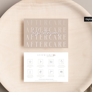 May include: Two cards with instructions for lash extension aftercare. The top card is beige with the text "AFTERCARE Lash Extensions AFTERCARE AFTERCARE" in white. The bottom card is white with the text "AFTERCARE Lash Extensions" in black and a list of instructions with icons.