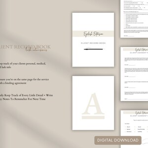 May include: A digital download for an eyelash extension client record book and consent form. The cover of the record book is white with the text "Eyelash Extension Client Record Book" in brown text. The consent form is white with the text "Eyelash Extension Client Consent Form" in brown text. The image also includes a white background with the text "DIGITAL DOWNLOAD" in brown text.