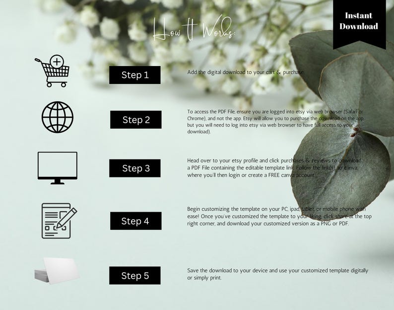 Puede incluir: Una gu&iacute;a de cinco pasos sobre c&oacute;mo descargar y personalizar una plantilla digital. Los pasos se ilustran con iconos: un carrito de compras, un globo terr&aacute;queo, un monitor de computadora, una pantalla de computadora con un l&aacute;piz y una pila de papel. El texto incluye instrucciones sobre c&oacute;mo acceder al archivo PDF, personalizar la plantilla y guardar la descarga.