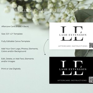 Puede incluir: Una plantilla imprimible para una tarjeta de cuidado posterior para extensiones de pesta&ntilde;as. La plantilla es totalmente editable en Canva e incluye un logotipo en blanco y negro con las letras "LE" para "Lash Extension". La tarjeta mide 8,9 cm por 5,1 cm.