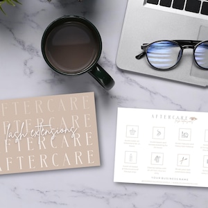 May include: Two cards with instructions for lash extensions aftercare. The first card is beige with the text "AFTERCARE" repeated four times and "Lash Extensions" written in white cursive. The second card is white with the text "AFTERCARE" and a small eye icon. The card has eight icons with instructions for aftercare.