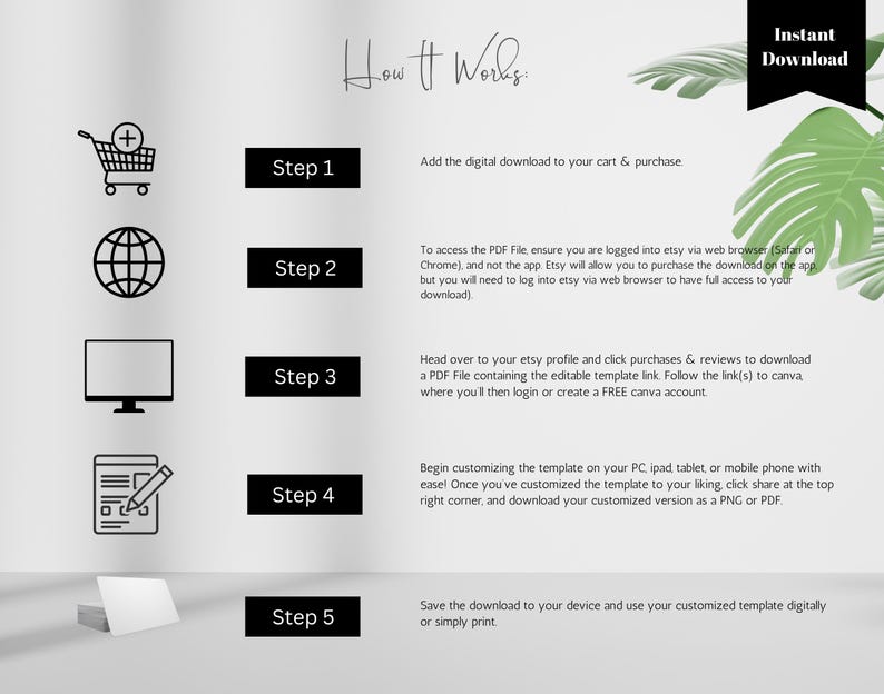 May include: A five-step guide on how to download and customise a digital template. The steps are illustrated with icons: a shopping cart, a globe, a computer monitor, a computer screen with a pencil, and a blank white rectangle. The text "Instant Download" is in the top right corner of the image.