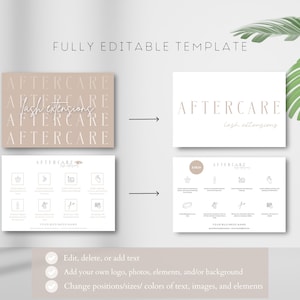 May include: Editable template for lash extension aftercare instructions. The template features a light brown background with the text "AFTERCARE lash extensions" repeated multiple times. The second image shows a white background with the text "AFTERCARE lash extensions" and a list of aftercare instructions with icons.