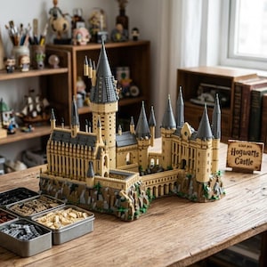 Pode incluir: Um grande modelo de castelo feito de blocos de montar, com paredes bege, telhados cónicos cinzentos e torres detalhadas. Uma pequena placa de madeira ao lado da estrutura diz 6360 pcs Hogwarts Castle. Tabuleiros de metal contêm peças soltas.