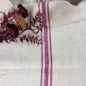 Peut inclure: Tissu de lin crème avec des rayures verticales magenta foncé. Le tissu est plié, créant des ombres douces et de la texture. Des fleurs et du feuillage bordeaux séchés sont disposés sur le tissu, ajoutant une touche de couleur et de contraste.