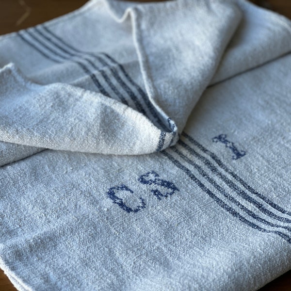 Antique Hungarian grain sack with blue stripes and initials