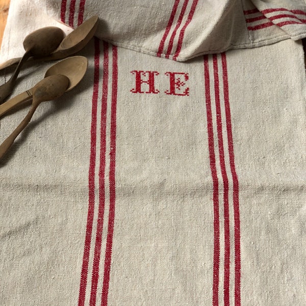 antique Hungarian grain sack with initials, linen fabric for sewing project