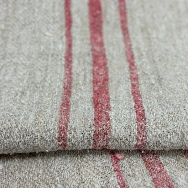 antique Hungarian grain sack, linen fabric, vintage grain sack with red stripes