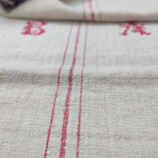 Antique Hungarian  grain sack with red stripes and initials