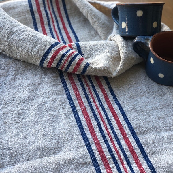 Striped Hungarian grain sack, antique linen fabric with small hole