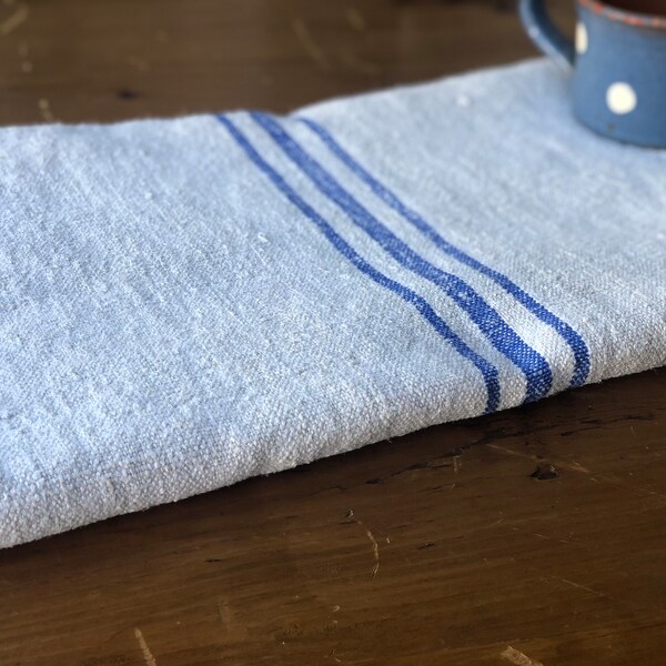 Blue striped Hungarian grain sack, antique linen fabric, pillow cushion