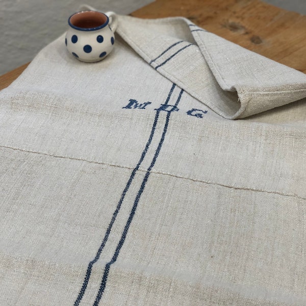 Antique Hungarian grain sack with blue stripes and initials