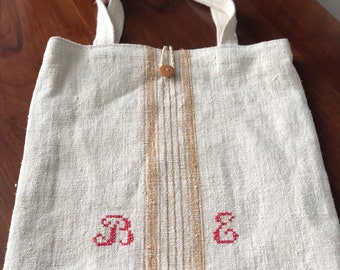 Tote bag with caramel stripes and initials made from vintage grainsack