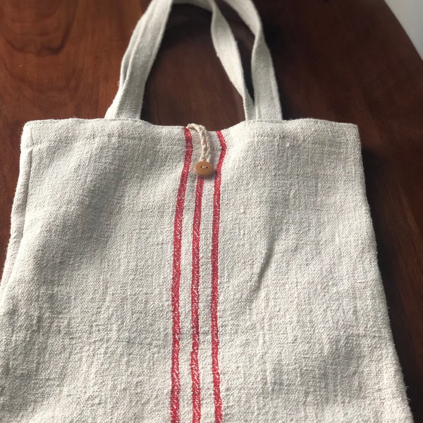 Tote bag with red stripes made from vintage grainsack