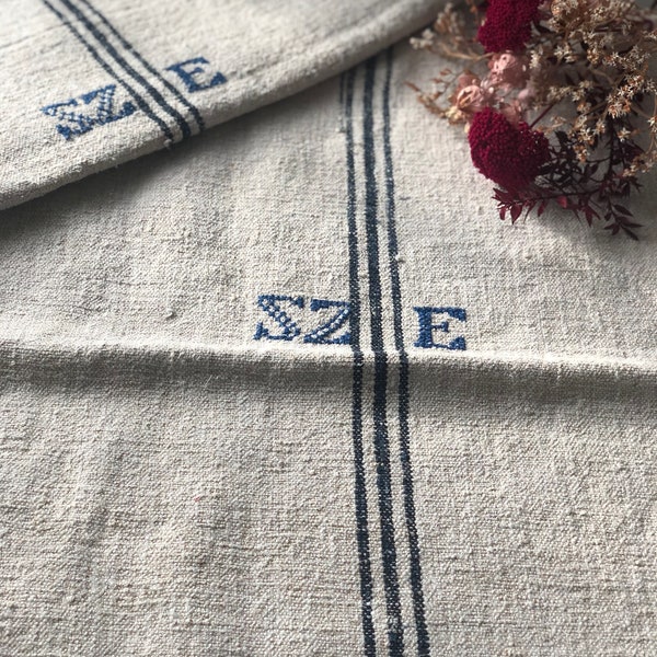 Lovely blue striped antique Hungarian grain sack with initial