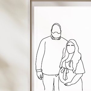Dibujo de línea personalizado, 7 a 8 caracteres, retrato familiar, retrato de pareja a partir de foto, retrato sin rostro, regalo del Día de la Madre, regalo de boda
