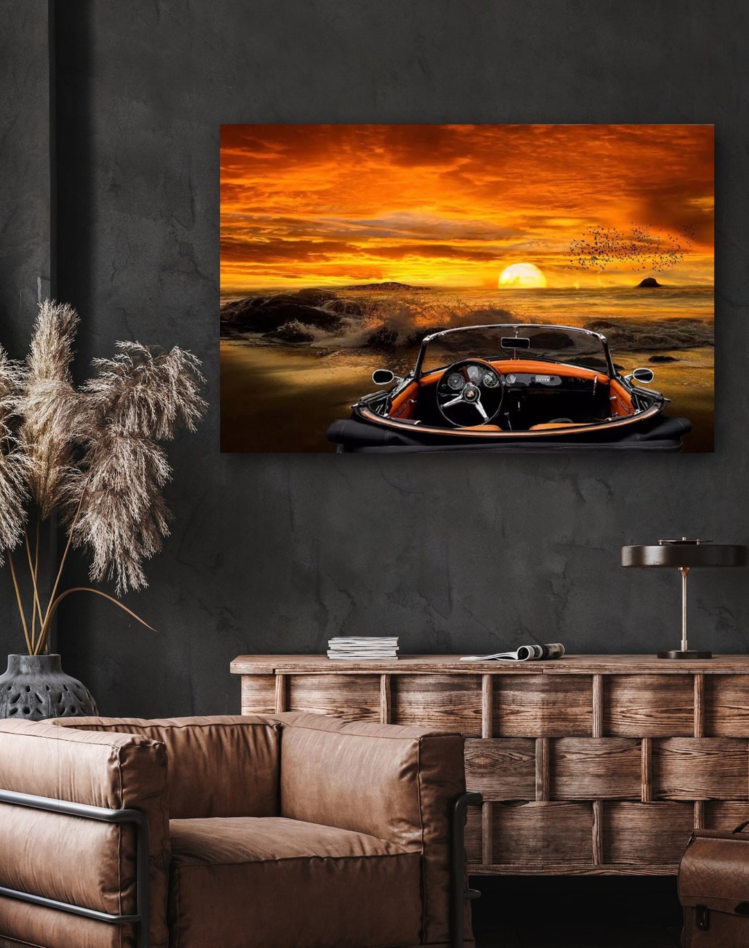 Vintage Car Canvas Wall Art Print Sunset Beach Scenery Etsy