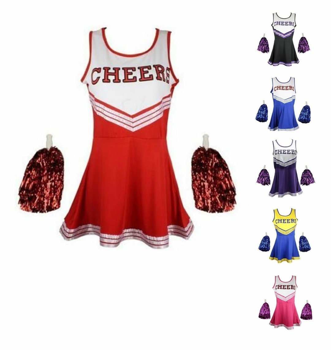 Cheerleader Outfit Fancy Dress Uniform Costumes With Pom Poms Ladies