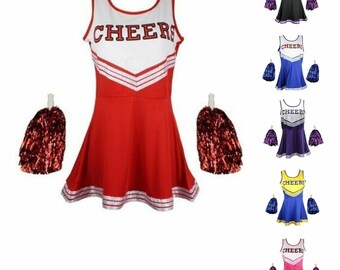 Cheerleader Outfit Fancy Dress Uniform Costumes With Pom poms Ladies / Girls cheerlader outfits