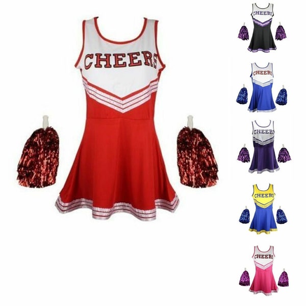 Cheerleader Outfit Fancy Dress Uniform Costumes With Pom poms Ladies / Girls cheerlader outfits