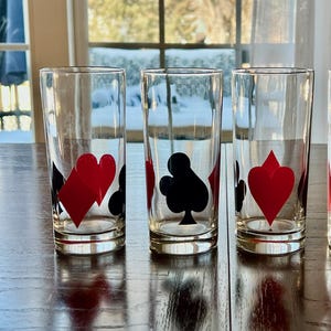 Conjunto de 4 copos de coquetel vintage Libby Tall Hi-Ball Tom Collins, 4 copos de pôquer, naipes de cartas, década de 1950