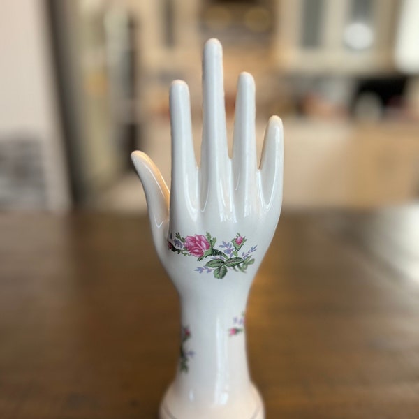 Vintage Porcelain Mannequin Hand, Painted Roses, Jewelry Display