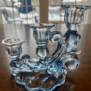 Set of 2 Vintage Cambridge Caprice Moonlight Blue Candelabra, Cambridge Glass 1939-1953