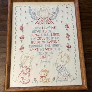 Vintage Embroidery Now I Lay Me Down To Sleep Nursery Handmade Art