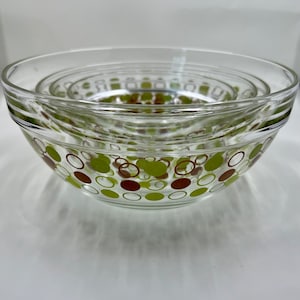 Set of 4 Vintage Glass Mixing/Nesting Bowls-Brown and Green Polka Dots