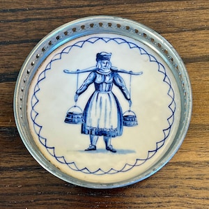 Vintage Delft Coaster with Metal Rim